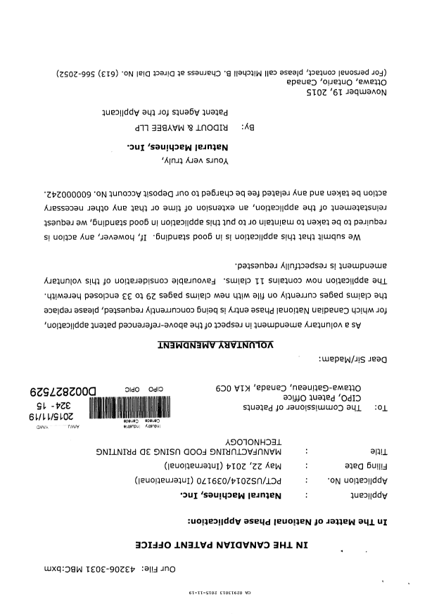 Document de brevet canadien 2913013. Modification volontaire 20141219. Image 1 de 6
