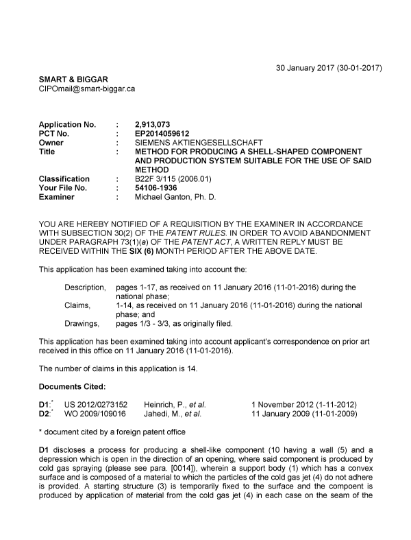Canadian Patent Document 2913073. Examiner Requisition 20170130. Image 1 of 6