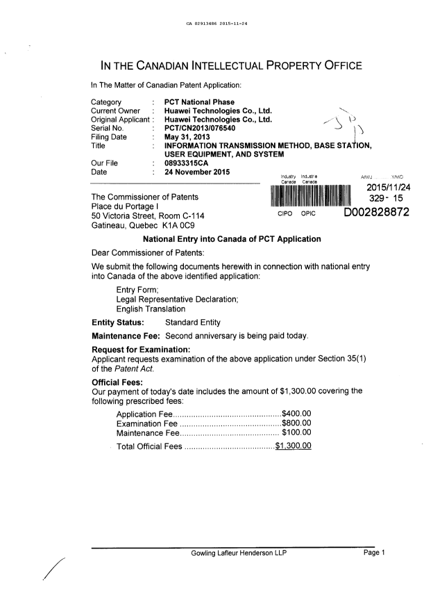 Document de brevet canadien 2913486. Demande d'entrée en phase nationale 20151124. Image 1 de 4