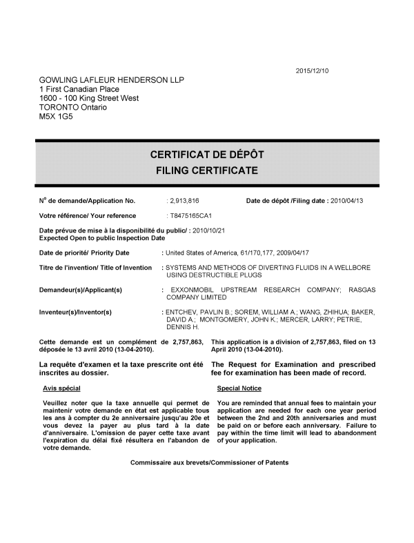 Canadian Patent Document 2913816. Divisional - Filing Certificate 20151210. Image 1 of 1