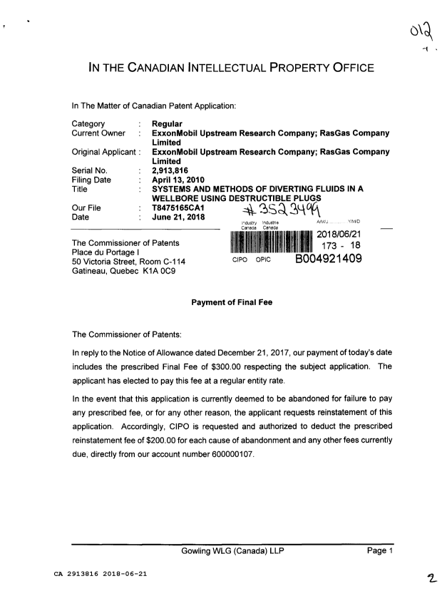 Canadian Patent Document 2913816. Final Fee 20180621. Image 1 of 2