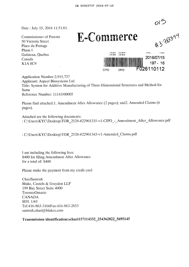 Canadian Patent Document 2915737. Prosecution-Amendment 20151215. Image 1 of 9