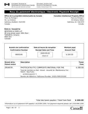 Canadian Patent Document 2916078. Maintenance Fee Payment 20200922. Image 1 of 1