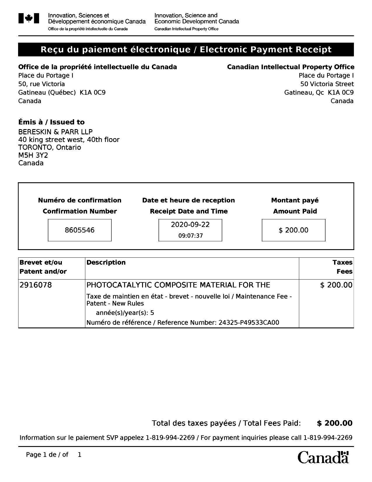 Canadian Patent Document 2916078. Maintenance Fee Payment 20200922. Image 1 of 1