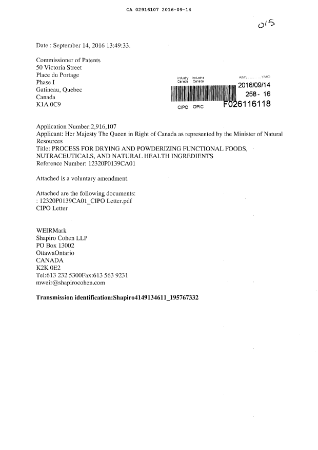 Canadian Patent Document 2916107. Amendment after Allowance 20160914. Image 1 of 3