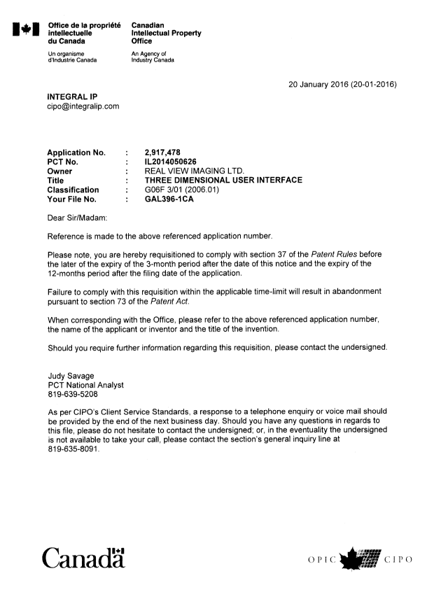 Document de brevet canadien 2917478. Correspondance 20151220. Image 1 de 1