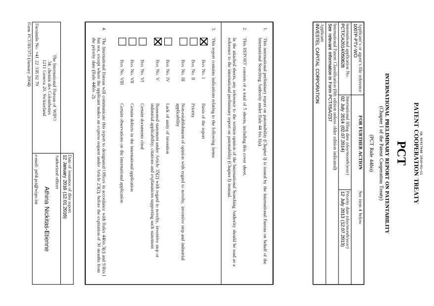 Document de brevet canadien 2917948. Rapport prélim. intl. sur la brevetabilité reçu 20151211. Image 1 de 5