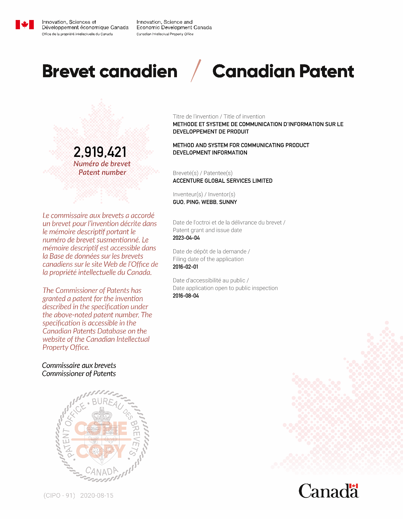 Canadian Patent Document 2919421. Electronic Grant Certificate 20230404. Image 1 of 1