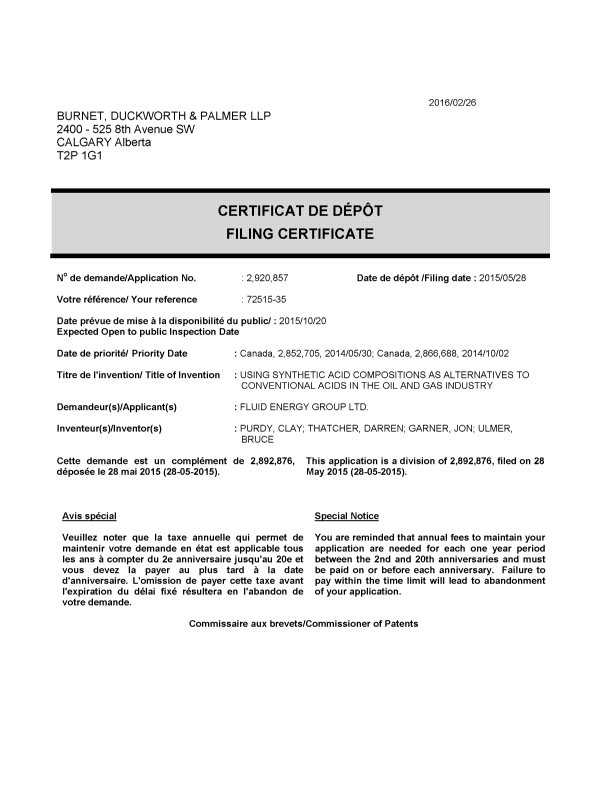 Document de brevet canadien 2920857. Complémentaire - Certificat de dépôt 20160226. Image 1 de 2