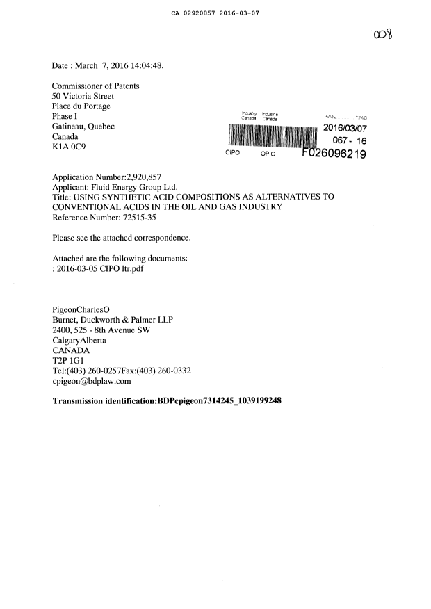 Document de brevet canadien 2920857. Modification 20160307. Image 1 de 35