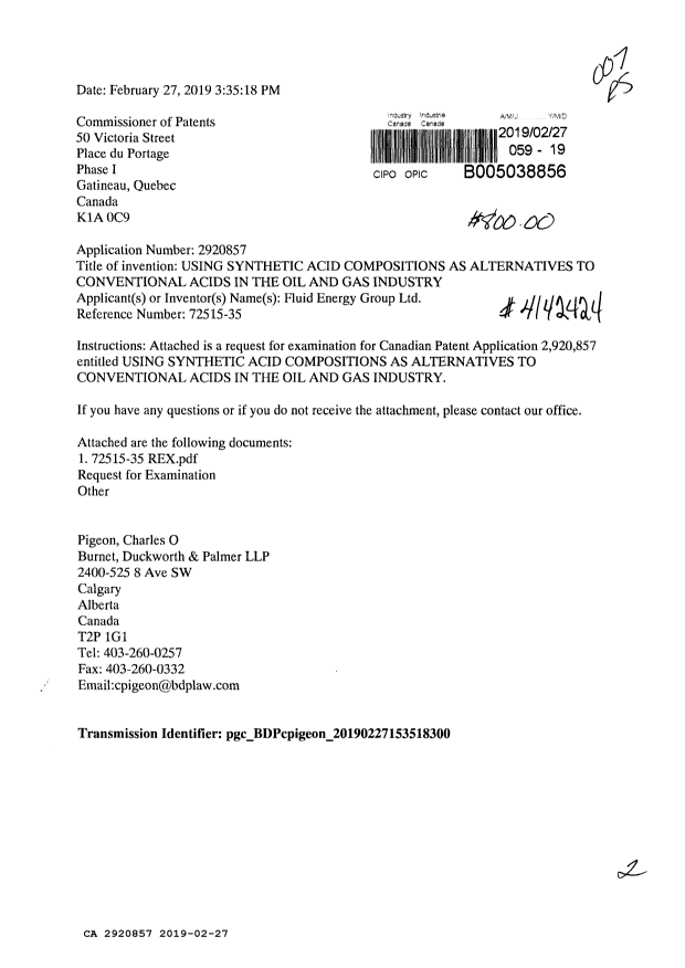 Document de brevet canadien 2920857. Requête d'examen 20190227. Image 1 de 2