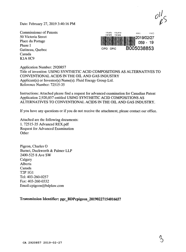 Document de brevet canadien 2920857. Ordonnance spéciale 20190227. Image 1 de 3
