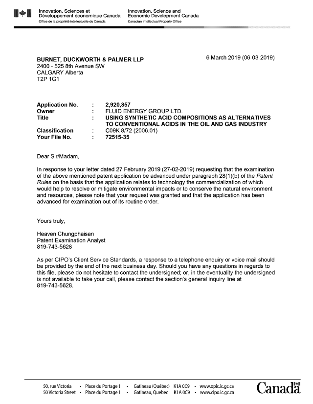 Document de brevet canadien 2920857. Ordonnance spéciale - Verte acceptée 20190306. Image 1 de 1