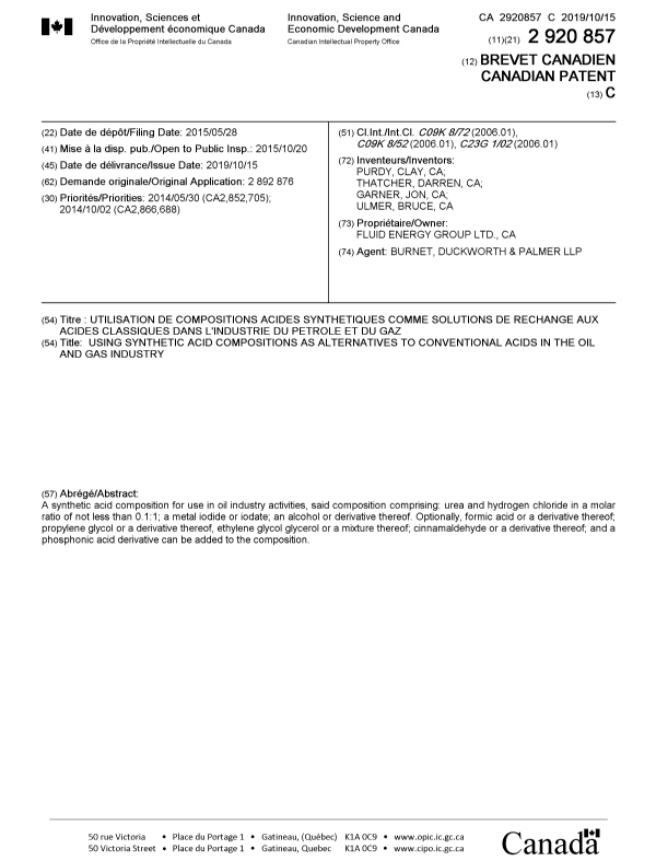 Document de brevet canadien 2920857. Page couverture 20190919. Image 1 de 1