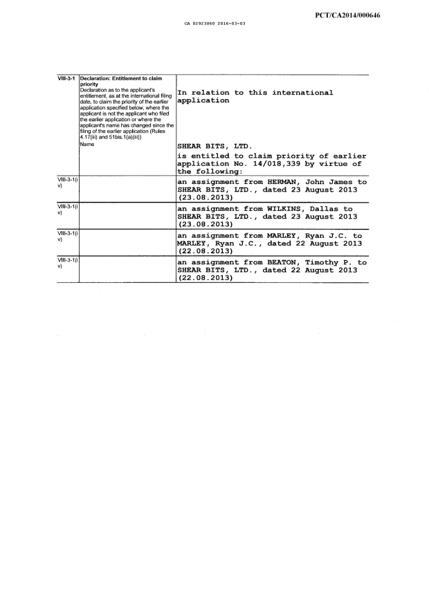 Canadian Patent Document 2923060. Declaration 20151203. Image 1 of 2