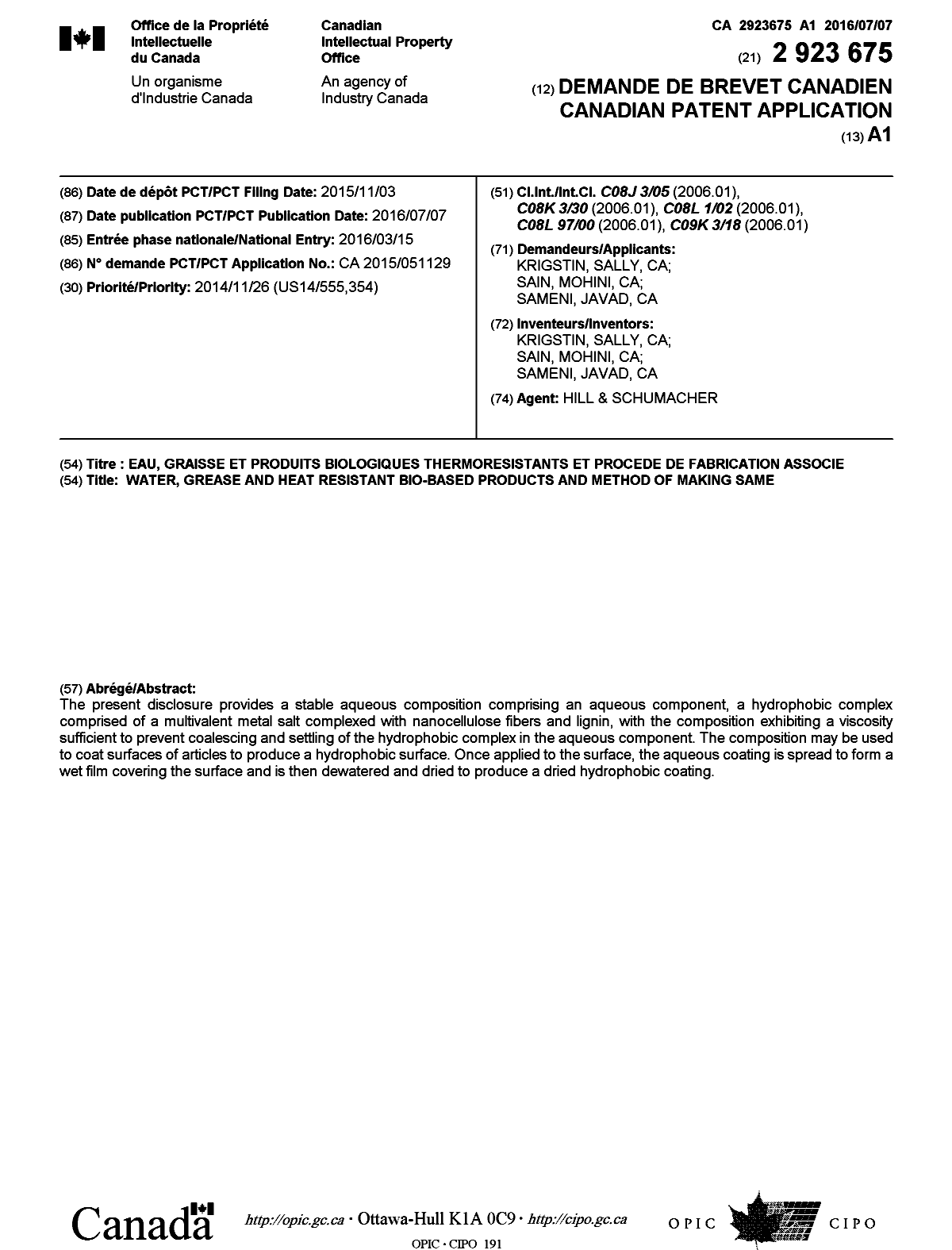 Document de brevet canadien 2923675. Page couverture 20151207. Image 1 de 1
