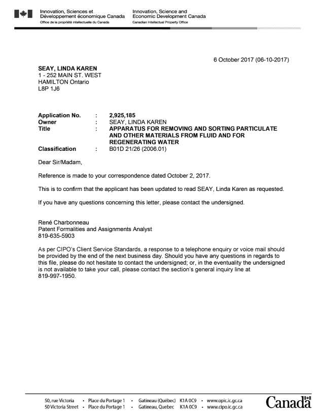 Document de brevet canadien 2925185. Lettre du bureau 20161206. Image 1 de 1