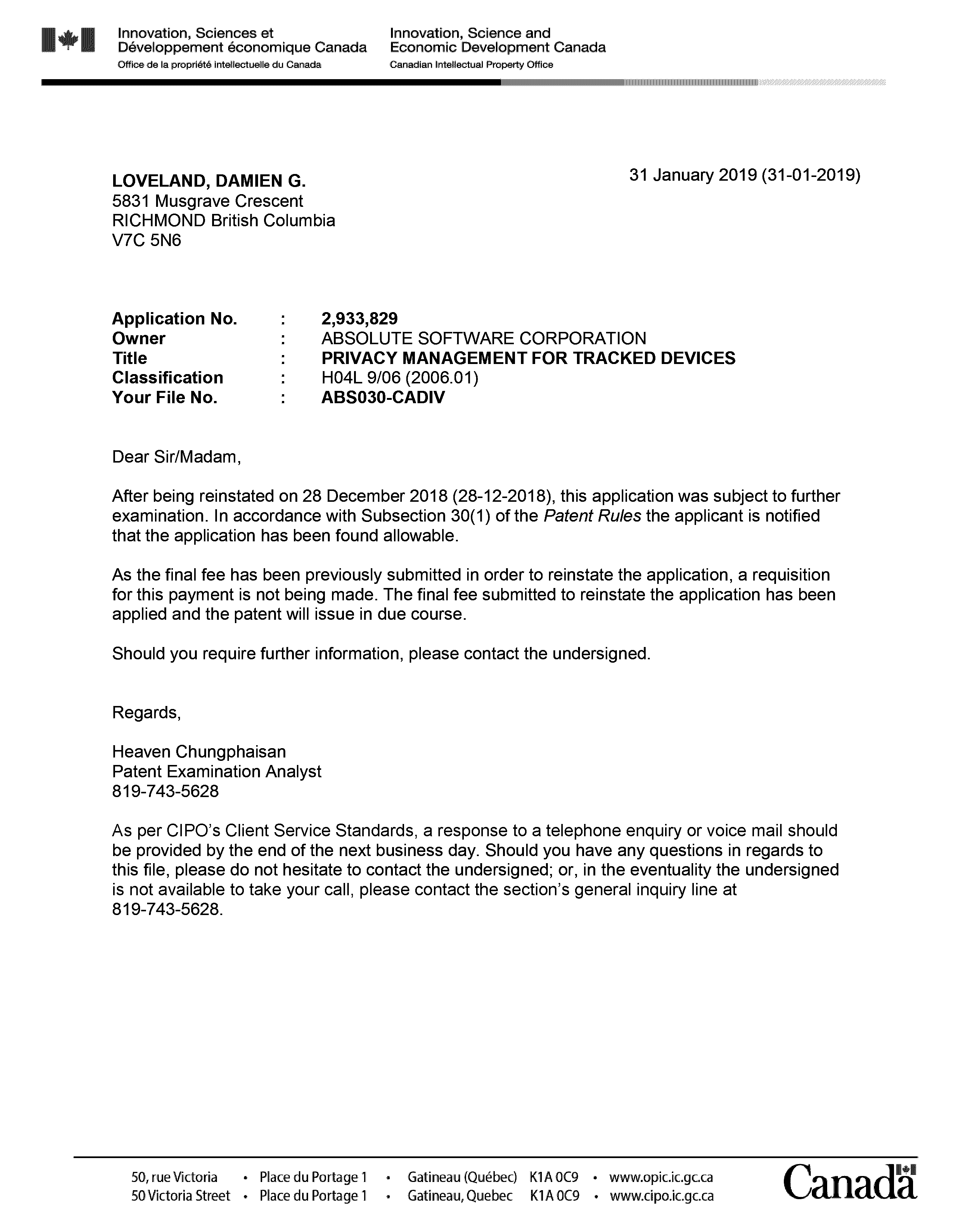 Canadian Patent Document 2933829. Office Letter 20181231. Image 1 of 1