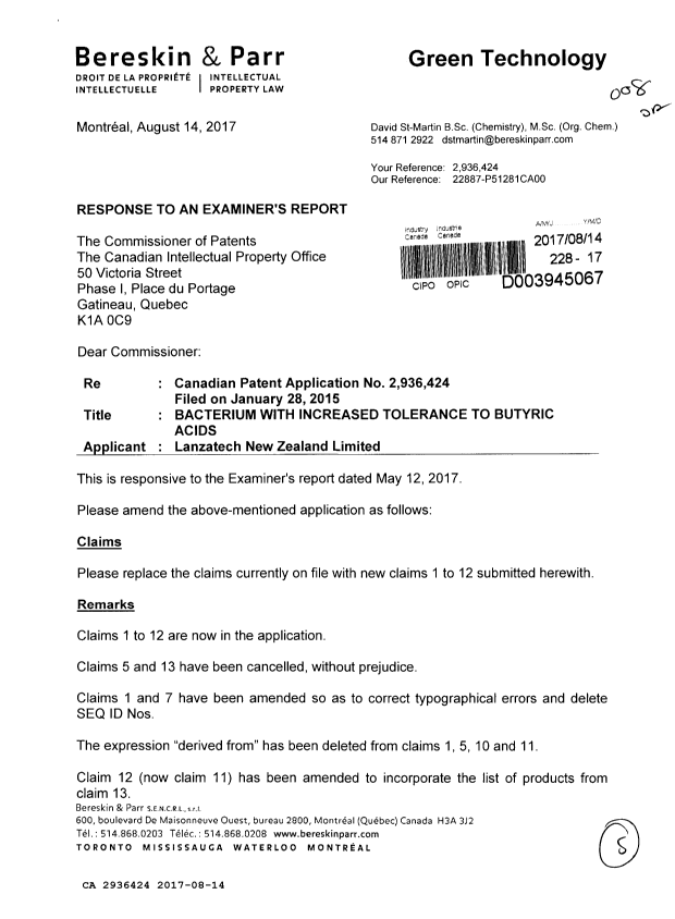 Canadian Patent Document 2936424. Amendment 20170814. Image 1 of 5