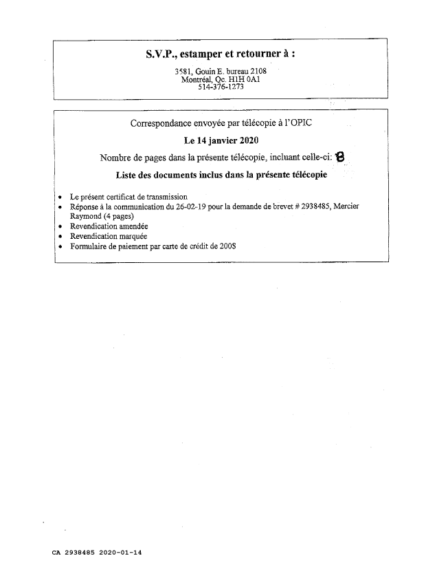 Document de brevet canadien 2938485. Rétablissement 20200114. Image 7 de 7