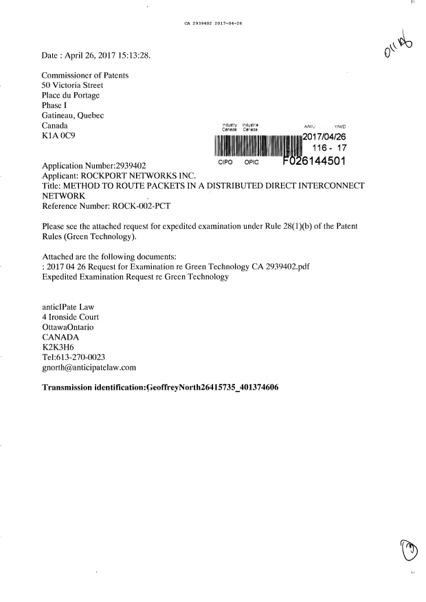 Document de brevet canadien 2939402. Ordonnance spéciale 20170426. Image 1 de 3