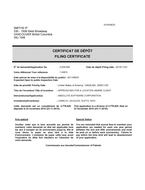 Document de brevet canadien 2939599. Correspondance 20160825. Image 1 de 1