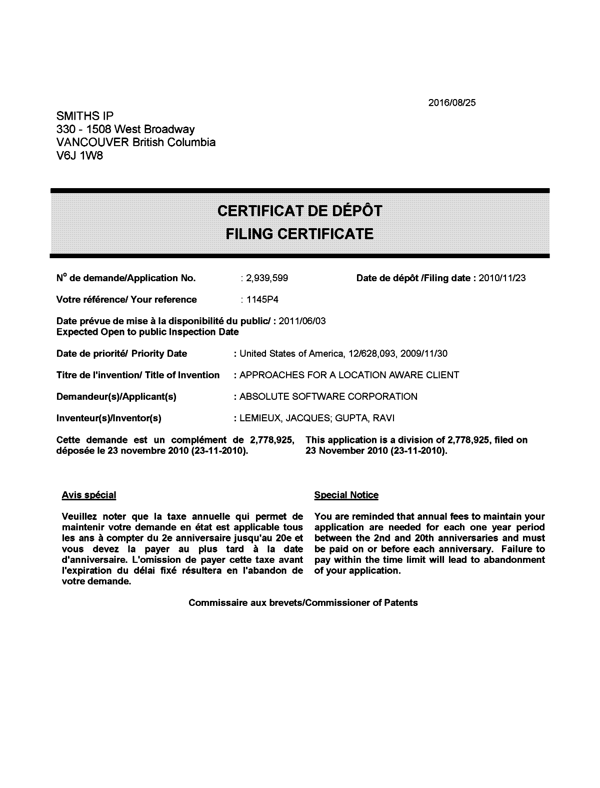 Canadian Patent Document 2939599. Correspondence 20160825. Image 1 of 1