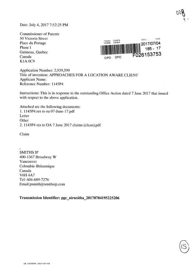 Document de brevet canadien 2939599. Modification 20170704. Image 1 de 15