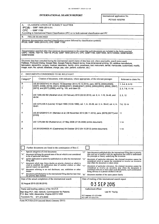 Document de brevet canadien 2949457. Rapport de recherche internationale 20151216. Image 1 de 1