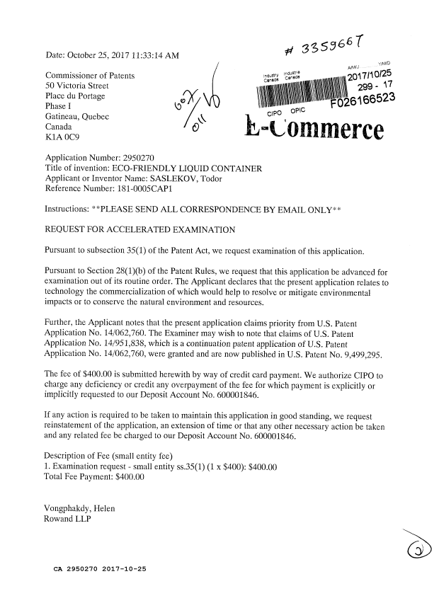 Document de brevet canadien 2950270. Ordonnance spéciale 20171025. Image 1 de 2