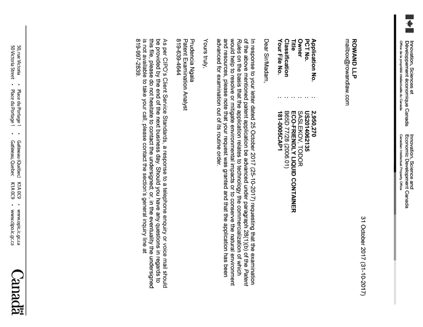 Document de brevet canadien 2950270. Ordonnance spéciale - Verte acceptée 20171031. Image 1 de 1