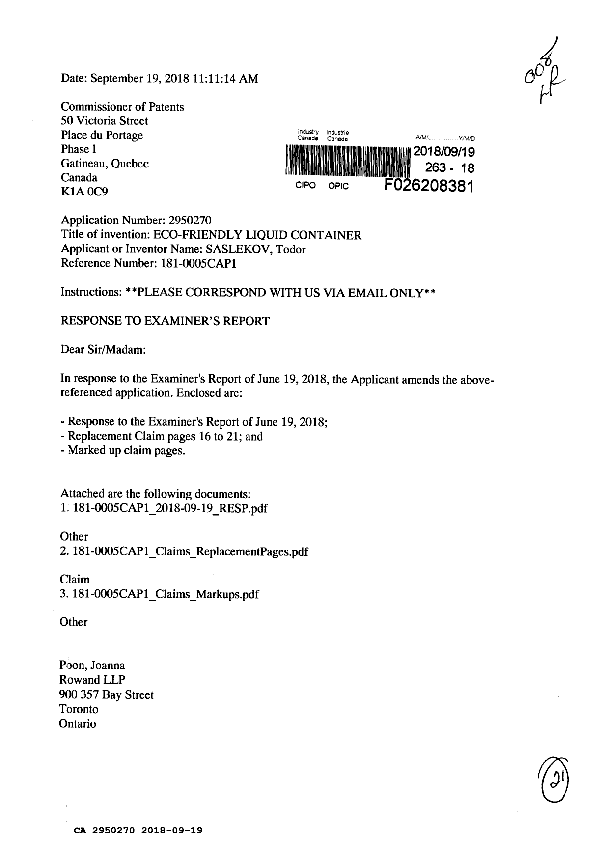 Document de brevet canadien 2950270. Modification 20180919. Image 1 de 21