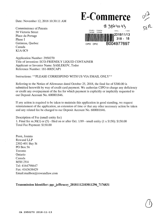 Document de brevet canadien 2950270. Taxe finale 20181113. Image 1 de 1