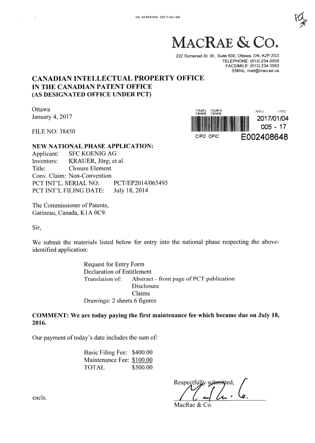 Document de brevet canadien 2954304. Demande d'entrée en phase nationale 20161204. Image 1 de 3