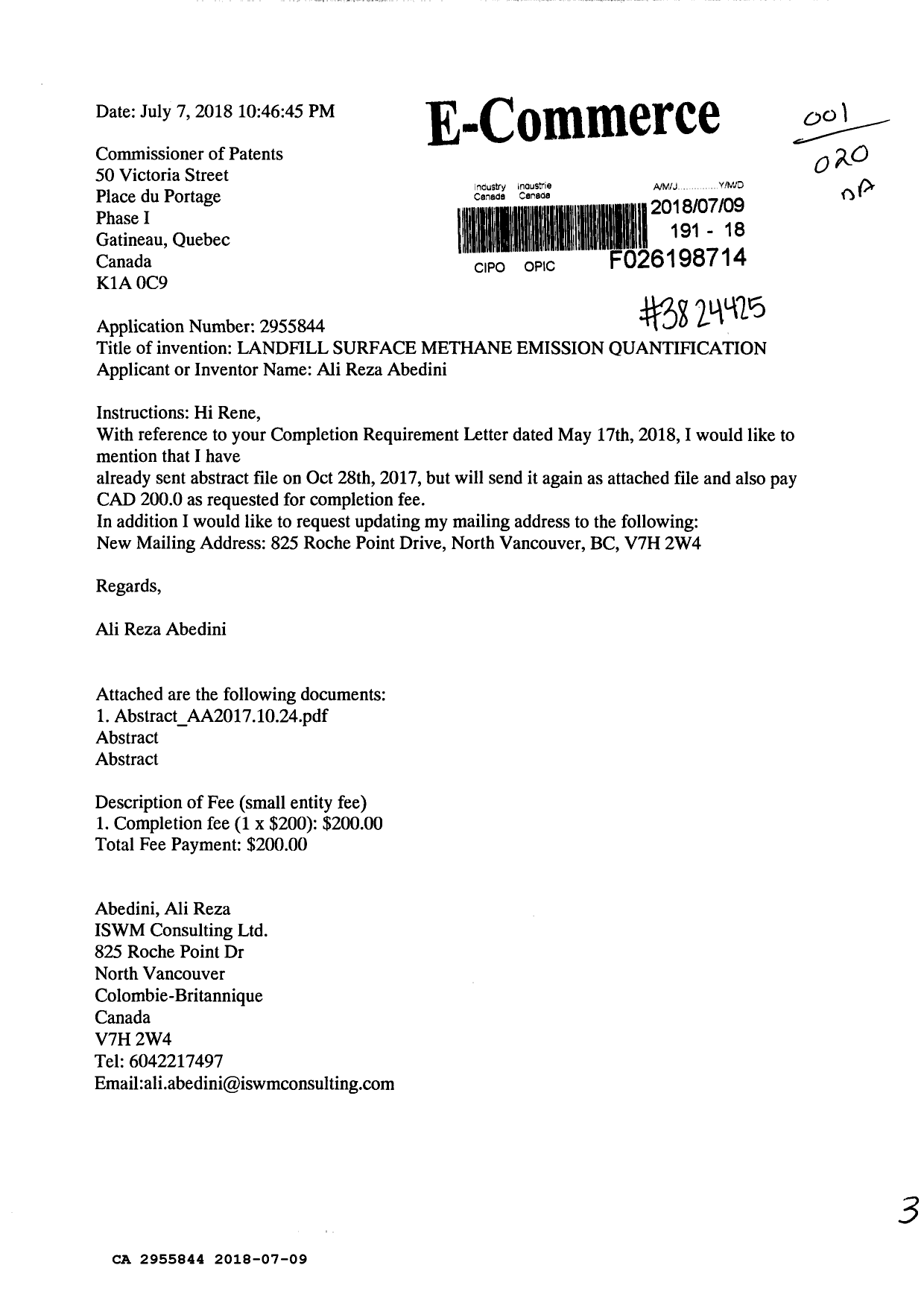 Document de brevet canadien 2955844. Correspondance de conformité 20180709. Image 1 de 3