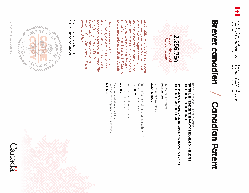 Canadian Patent Document 2956764. Electronic Grant Certificate 20210427. Image 1 of 1
