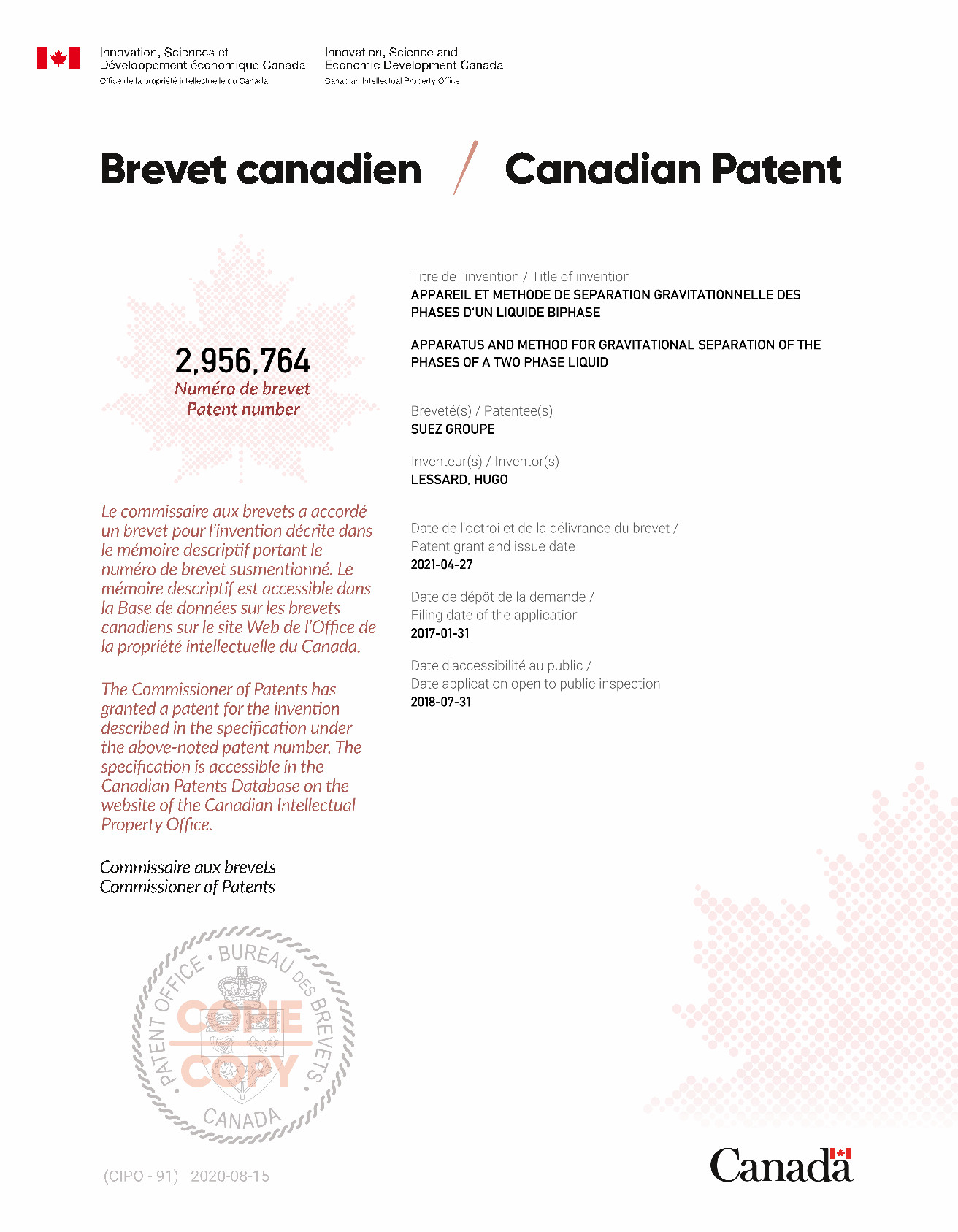 Canadian Patent Document 2956764. Electronic Grant Certificate 20210427. Image 1 of 1