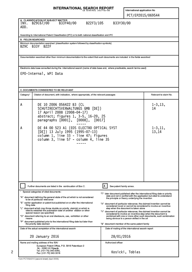 Document de brevet canadien 2957651. Rapport de recherche internationale 20161208. Image 1 de 2