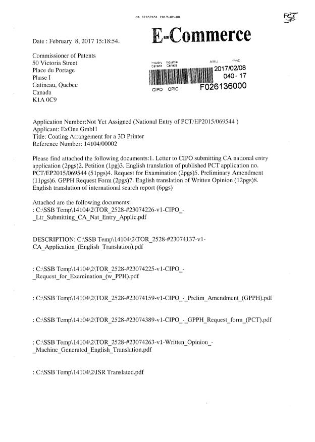 Document de brevet canadien 2957651. Demande d'entrée en phase nationale 20161208. Image 1 de 7