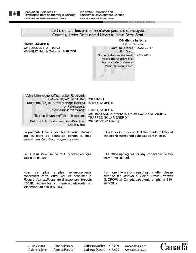 Document de brevet canadien 2958456. Lettre du bureau 20230217. Image 1 de 1