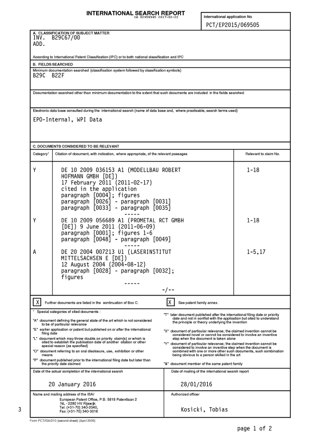 Document de brevet canadien 2958945. Rapport de recherche internationale 20161222. Image 1 de 6