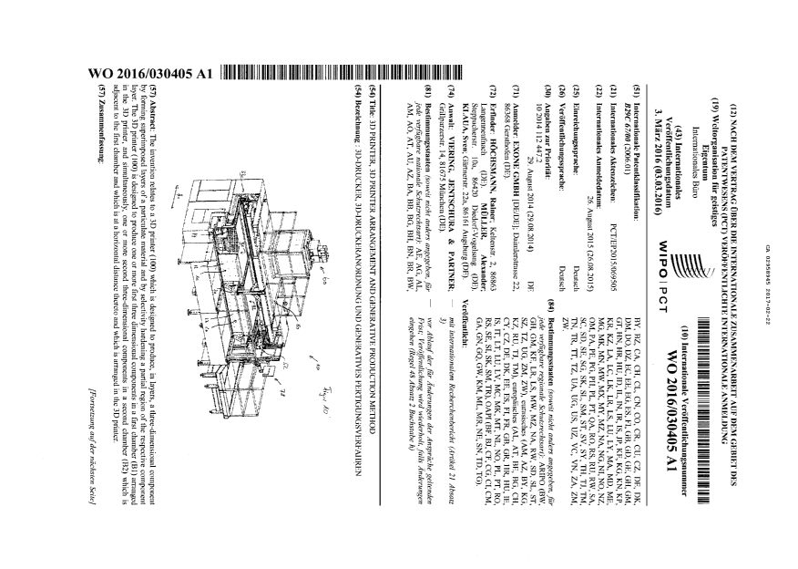 Document de brevet canadien 2958945. Traité de coopération en matière de brevets (PCT) 20161222. Image 1 de 2
