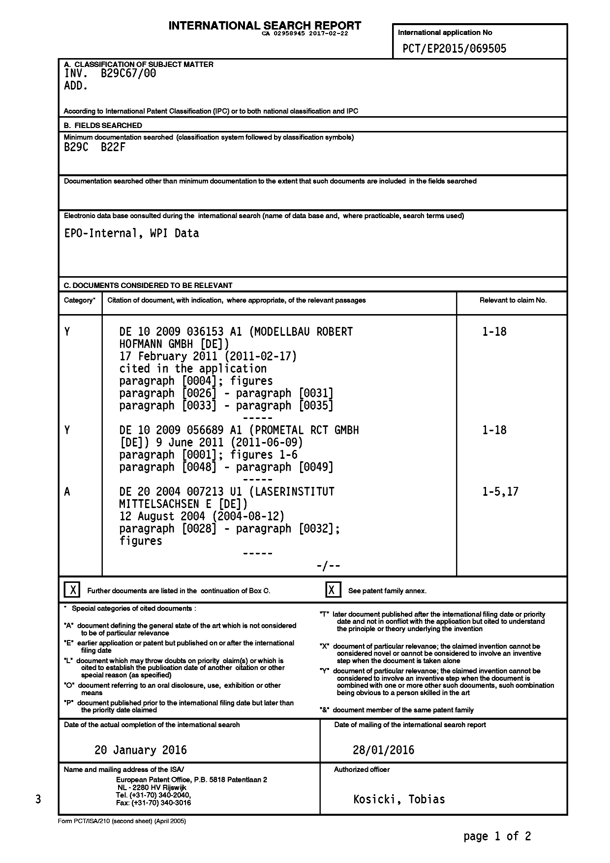 Document de brevet canadien 2958945. PCT 20161222. Image 1 de 6