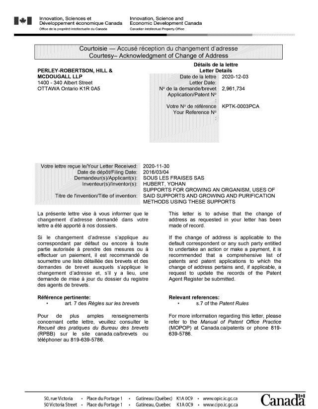 Document de brevet canadien 2961734. Lettre du bureau 20201203. Image 1 de 2