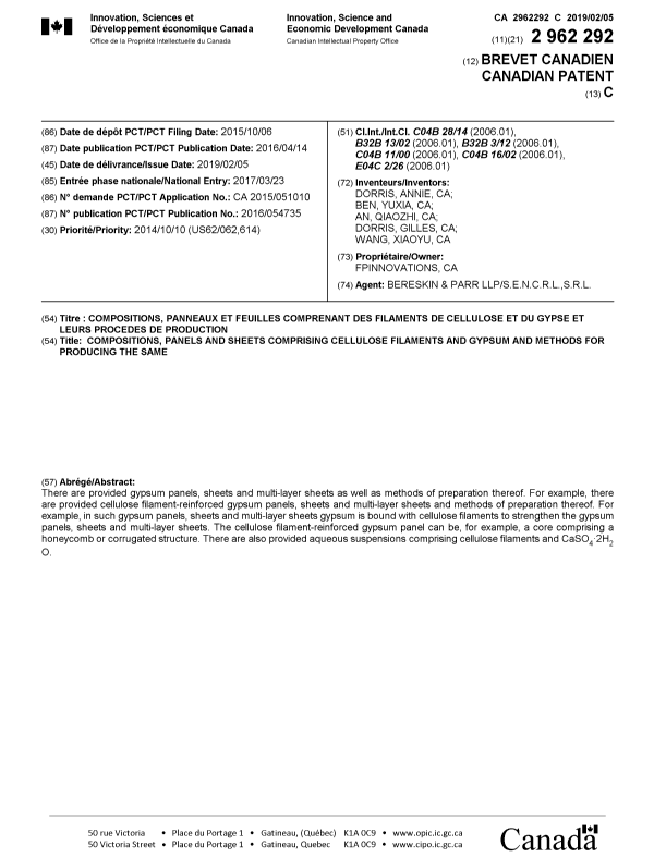 Document de brevet canadien 2962292. Page couverture 20190108. Image 1 de 1