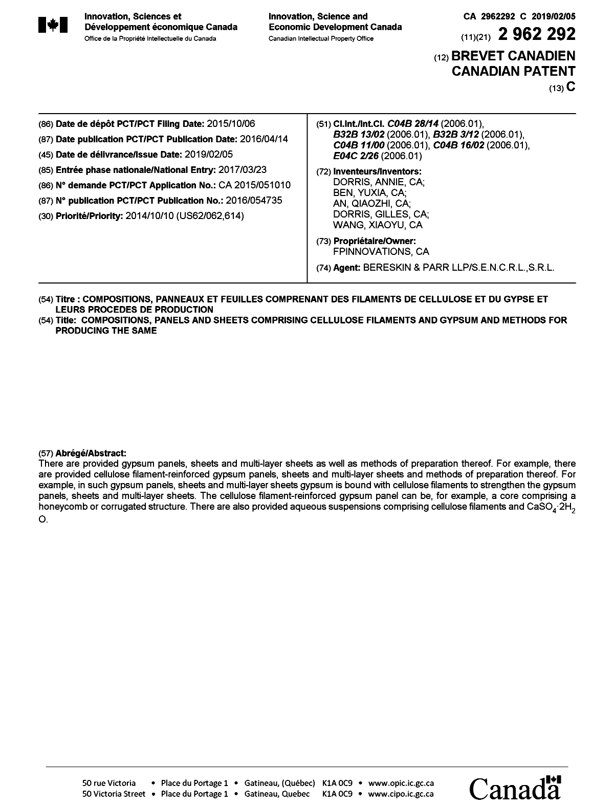 Document de brevet canadien 2962292. Page couverture 20190108. Image 1 de 1