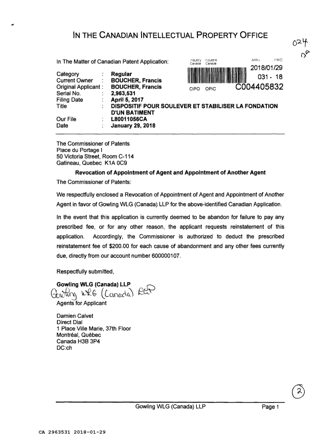Document de brevet canadien 2963531. Changement de nomination d'agent 20180129. Image 1 de 2