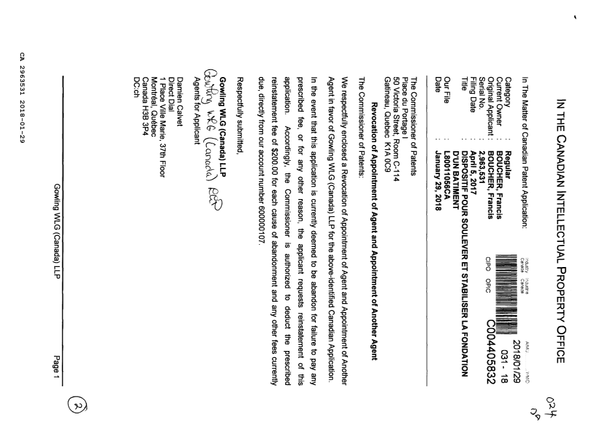 Document de brevet canadien 2963531. Changement de nomination d'agent 20180129. Image 1 de 2
