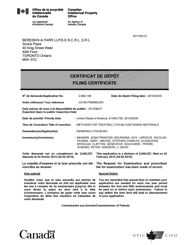 Document de brevet canadien 2964148. Complémentaire - Certificat de dépôt 20170515. Image 1 de 1