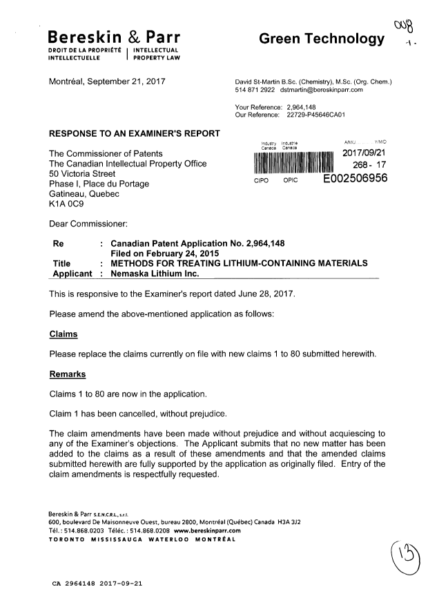 Document de brevet canadien 2964148. Modification 20170921. Image 1 de 13
